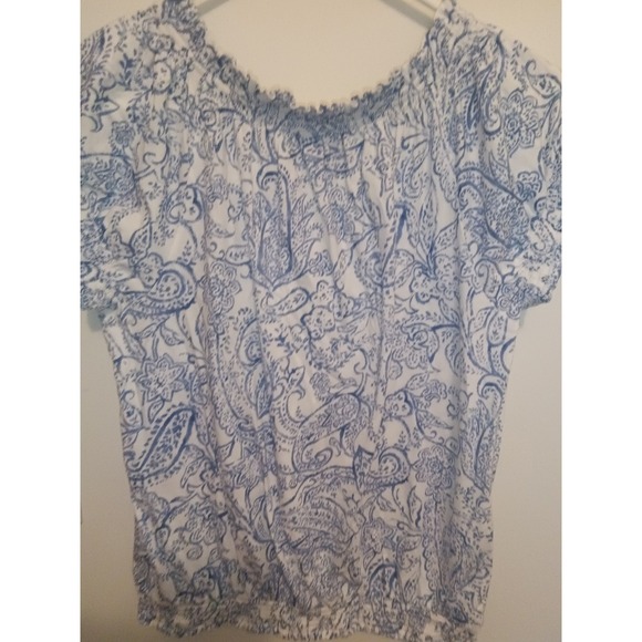 Chaps Womens Blue White Paisley Peasant Blouse Smocked Hem Top Size L - Picture 4 of 4
